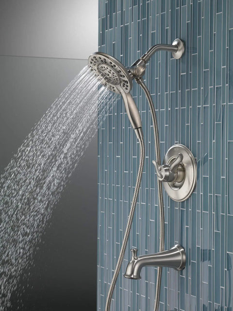 Linden 17 Series Dual Function Tub And Shower Trim Kit With In2ition 4 Spray 2 In 1 Handheld Shower Head And Hose Stainless Finish T17494 SS I Valve Not Included