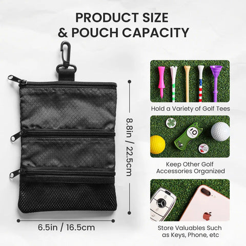 Golf Bag Organizer Pouch With 3 Zip Pockets And Sturdy Hook for storing balls, tees, and valuables, product size shown.