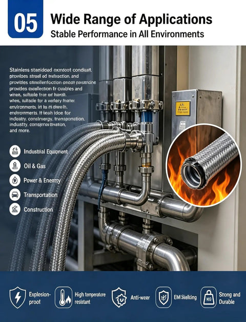 Wide range of applications for Built Tough Stainless Steel Flexible Conduit For Electrical Wiring And Hassle Free Cable Routing Featuring Heat Resistant Braided Armor.