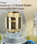 Top Shelf Heavy Duty One Point Two Five Inch Brass Check Valve showing NPT thread for submersible well pumps.