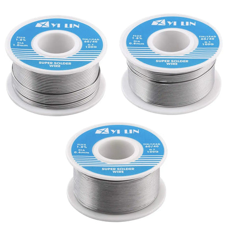 Three spools of Sixty Forty Rosin Core Solder Wire 0.8mm 100g for electrical soldering Sn60Pb40 alloy, ideal for electronics and DIY projects.