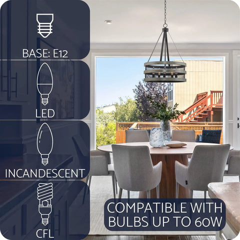 26 Inch 5 Light Modern Farmhouse Chandelier With Wire Cage Drum Black Finish And Faux Gray Oak Wood Look over dining table