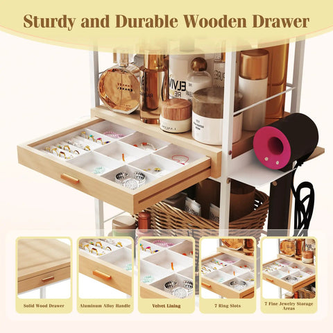 Three Tier Rolling Utility Cart With Wooden Drawer featuring solid wood drawer, jewelry storage, and organizers, for multifaceted use