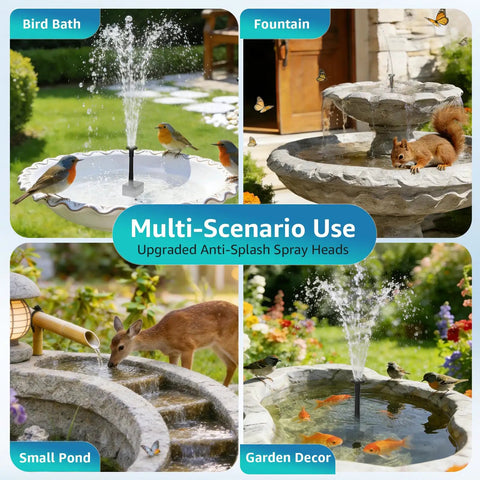 Solar Fountain Pump For Bird Bath And Small Pond Two Point Five Watt With Dry Run Protection in various garden scenarios