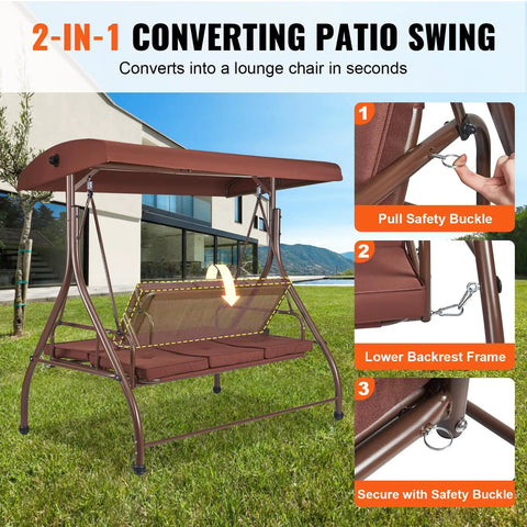 Three Seat Outdoor Patio Swing Chair With Adjustable Canopy And Removable Thick Cushion, Alloy Steel Frame, Brown, Outdoor Use