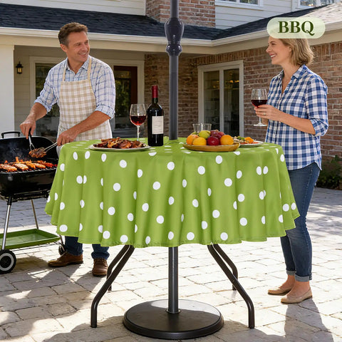 60 Inch Round Outdoor Tablecloth With Umbrella Hole And Zipper, Waterproof Heavy Duty Oxford Fabric, Green Polka Dot, BBQ Setup