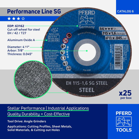 4-1/2 Inch Type 27 SG Cut Off Wheel For Steel And Stainless INOX Metal Cutting Disc Aluminum Oxide 7/8 Arbor Part 63162