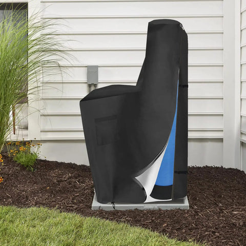 Water Softener Cover With Split Zipper And UV Shield Outdoor Brine Tank Cover Waterproof All Weather Protection 64 Inch High 40 Inch Wide 16 Inch Deep Black For 48000 To 64000 Grain Systems covering a water softener unit outdoors