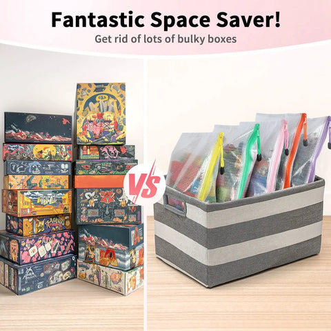Comparison between stacked board game boxes and organized Mega Zipper Pouch Set, 16.9 by 12.4 Inches, in a storage box