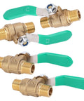Straight Shooter 1/4 Inch Brass Ball Valve Four Pack featuring sturdy male threads and green handles for plumbing.