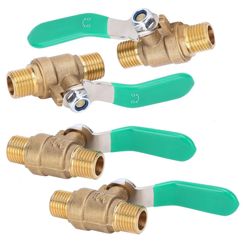 Straight Shooter 1/4 Inch Brass Ball Valve Four Pack featuring sturdy male threads and green handles for plumbing.