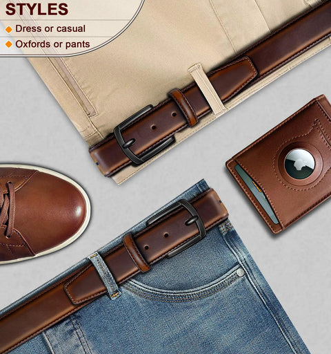 Mens Genuine Leather Belt Dress Casual Golf Jeans One And Three Eighths Inch Width Coffee Color Adjustable 42 44 Waist