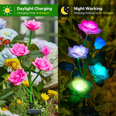Solar Garden Lights Outdoor Decorative 3 Pack Rose Flower Pathway Lights With 7 Color Changing LEDs, shown day and night