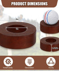 Wooden Golf Ball Display Stand For Desk With 2 Inch Ball Holder shown with size dimensions and golf ball on top.