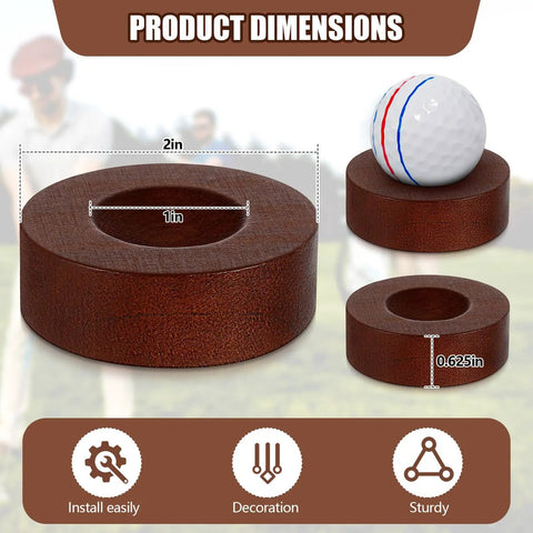 Wooden Golf Ball Display Stand For Desk With 2 Inch Ball Holder shown with size dimensions and golf ball on top.