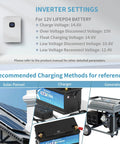 12.8V 100Ah LiFePO4 Battery with 100A BMS for Trolling Motor, Boat, RV and Solar shown with inverter settings and charging methods