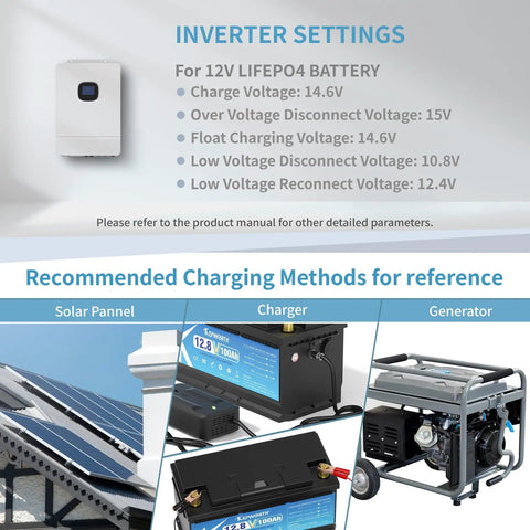 12.8V 100Ah LiFePO4 Battery with 100A BMS for Trolling Motor, Boat, RV and Solar shown with inverter settings and charging methods