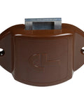 Close-up of a keyless concealed push button drawer lock, brown ABS body for cabinets and cupboards, large size.