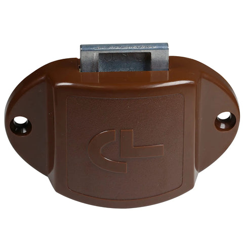 Close-up of a keyless concealed push button drawer lock, brown ABS body for cabinets and cupboards, large size.