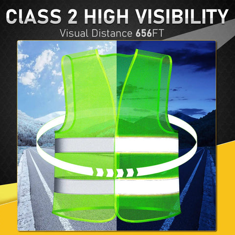 30 Pack Reflective Hi Viz Safety Vests For Men And Women, Mesh Adjustable Work Vests With Neon Green Strips showing day and night visibility