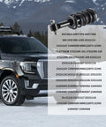 2 Piece Front Strut Shock Absorber With Magnetic Springs For 2015 To 2022 Escalade Tahoe Suburban Silverado Sierra 1500 Yukon XL Denali For A Smoother Ride And Tougher Feel next to black SUV in snowy landscape