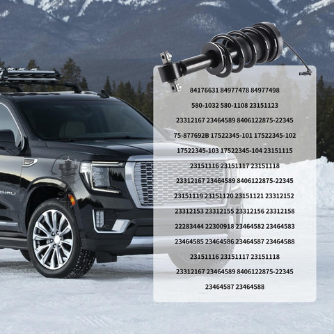 2 Piece Front Strut Shock Absorber With Magnetic Springs For 2015 To 2022 Escalade Tahoe Suburban Silverado Sierra 1500 Yukon XL Denali For A Smoother Ride And Tougher Feel next to black SUV in snowy landscape