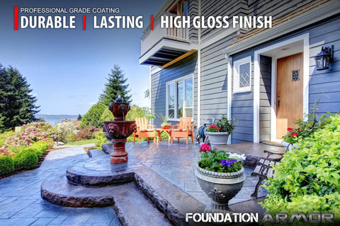 Beautiful patio area featuring 5 Gallon High Gloss Wet Look Solvent Based Acrylic Concrete Sealer and Paver Sealer on stone steps and flower pots.