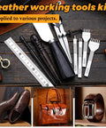 Leather Working Tools Kit With Cutting Knife Pro Grade Edge Burnisher 1 2 4 6 Stitching Punches Leather Compass Geometry Tool And Steel Ruler For Diy Leather Craft Projects shown on a table with projects.