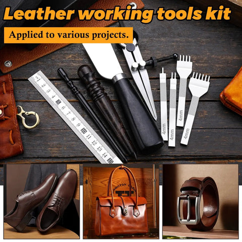 Leather Working Tools Kit With Cutting Knife Pro Grade Edge Burnisher 1 2 4 6 Stitching Punches Leather Compass Geometry Tool And Steel Ruler For Diy Leather Craft Projects shown on a table with projects.