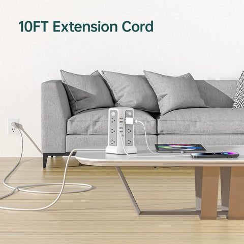 Surge Protector Power Strip Tower With PD18W USB C Port 10 Ft Extension Cord 12 AC Outlets 5 USB Charging Ports for Home