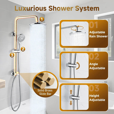 Rainfall Shower Head System With 9 Inch Rain Head And Handheld Height Adjustable Holder Solid Brass Rail 60 Inch Stainless Steel Hose