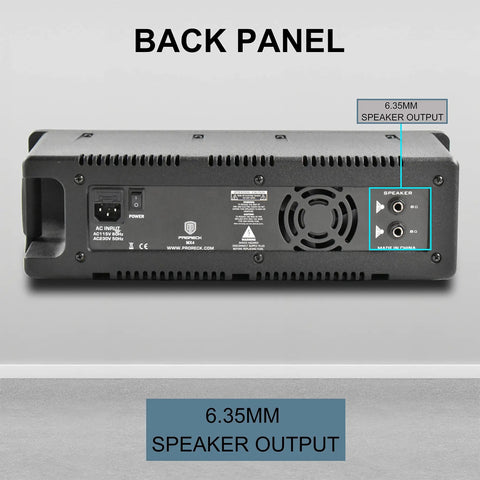 Back panel of 1600W 6-Channel Powered Bluetooth Mixer PA System With 10-Inch Passive Speakers, showing 6.35mm speaker output.