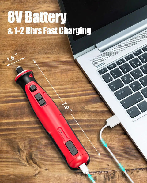 Cordless Rotary Tool 8V Handheld Grinder with charger, 5 speed settings, 60 accessory kit, light red, charging via laptop