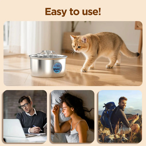 Stainless Steel Cat Water Fountain Two Point Six Liter Ultra Quiet Pet Fountain With Flower Spout And LED Blue Light Water Dispenser Water Level Window Indoor Use For Cats And Dogs Silver Finish on floor with cat nearby.