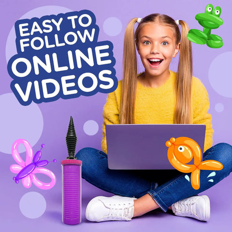 Girl with laptop surrounded by balloon animals and pump, showcasing Balloon Animal Kit For Beginners With Pump And Manual 120 Pieces Create 30 Plus Fun Balloon Sculptures Easy Twist And Model Party Activity For Teens Boys And Girls Ideal Gift For Parties And Kids.
