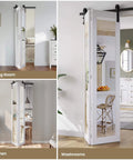 Mirror Panel Bifold Barn Door Kit With Sliding Hardware For Narrow Closets, 56 Inch Width By 84 Inch Height, installed.
