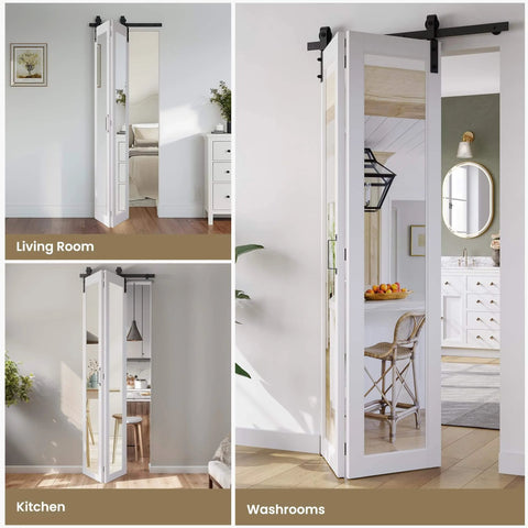 Mirror Panel Bifold Barn Door Kit With Sliding Hardware For Narrow Closets, 56 Inch Width By 84 Inch Height, installed.