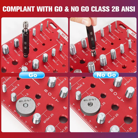 56-piece bolt and nut thread checker on a red Go/No-Go gauge board with inch and metric sizes