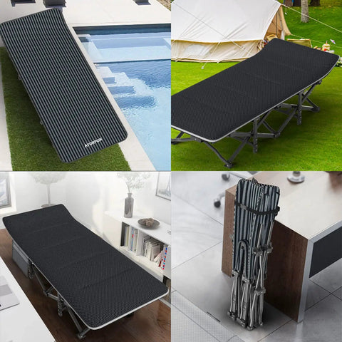 On The Go Camping Cot For Adults With Removable Cushion Lightweight Folding Bed Shown by Pool, Garden, Indoors, and Folded