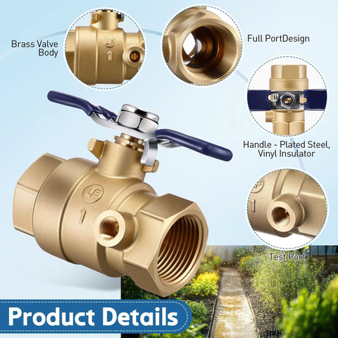 Heavy Duty Brass Backflow Ball Valve With Test Port, 1 Inch FPT Threaded, Full Port Shut Off Valve For Residential Water Plumbing