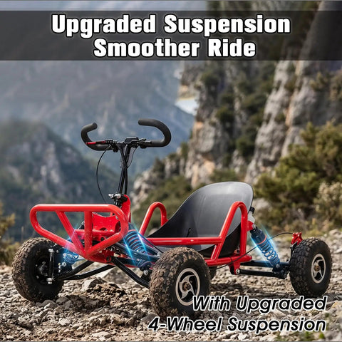 Gas Powered Go Kart With 63cc Engine for Backyard Fun, showcasing durable steel frame and 4-wheel suspension on rocky terrain