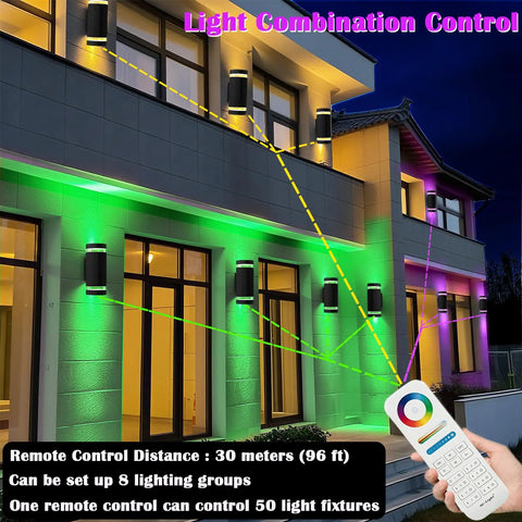 Lit RGB Outdoor Wall Lights With RF Remote, Color Changing Porch Sconces illuminating house facade in multiple colors