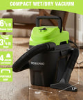 Heavy Duty 1.5 Gallon Wet And Dry Shop Vacuum Cleaner With 2.5 Peak Hp Motor, 4.85 lbs, 6.5 ft cord, compact design.