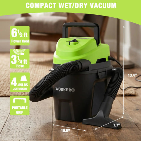 Heavy Duty 1.5 Gallon Wet And Dry Shop Vacuum Cleaner With 2.5 Peak Hp Motor, 4.85 lbs, 6.5 ft cord, compact design.