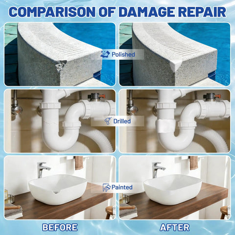 Heavy Duty Two Part Epoxy Pool Putty For Swimming Pool Leaks And Cracks Waterproof Sealant shown in damage repair comparison.