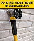 Heavy Duty Pro Grade Garden Hose With PolyFusion Technology at connection point on a brick wall