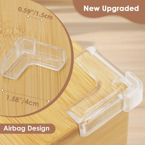 12 Pack Heavy Duty Corner Protectors For Baby Safety Furniture Edge Guards, clear corner bumper with airbag design on wood.