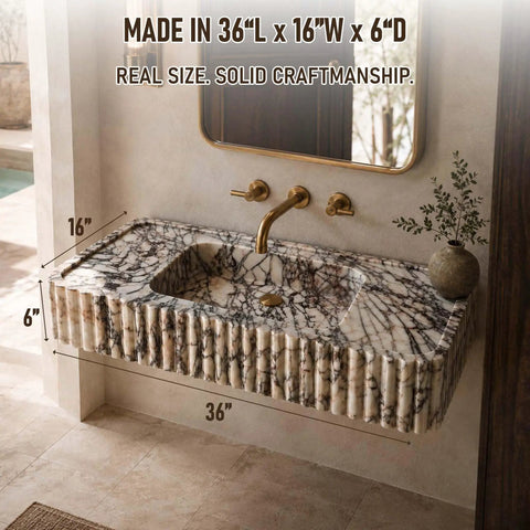 Calacatta Viola Marble Fluted Sink, Hand-Carved Rectangular Bathroom Vanity Basin, 36x16x6 inches, wall mounted design.