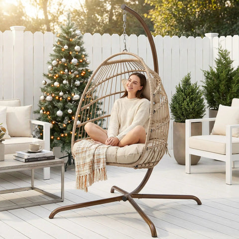 Woman sitting in a Hanging Egg Chair With Stand For Indoor And Outdoor Use Cozy Patio Rattan Swing Hammock Chair With Cushion on patio