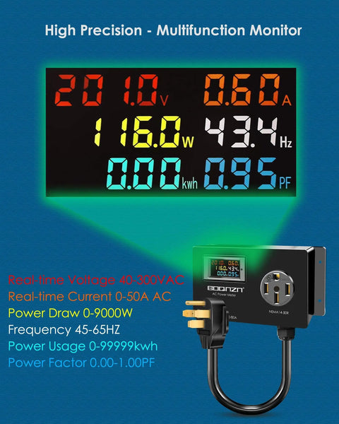 Heavy Duty 50A AC Power Meter With Nema 14 50P To 14 50R Outlet Monitor displaying real-time voltage and current.